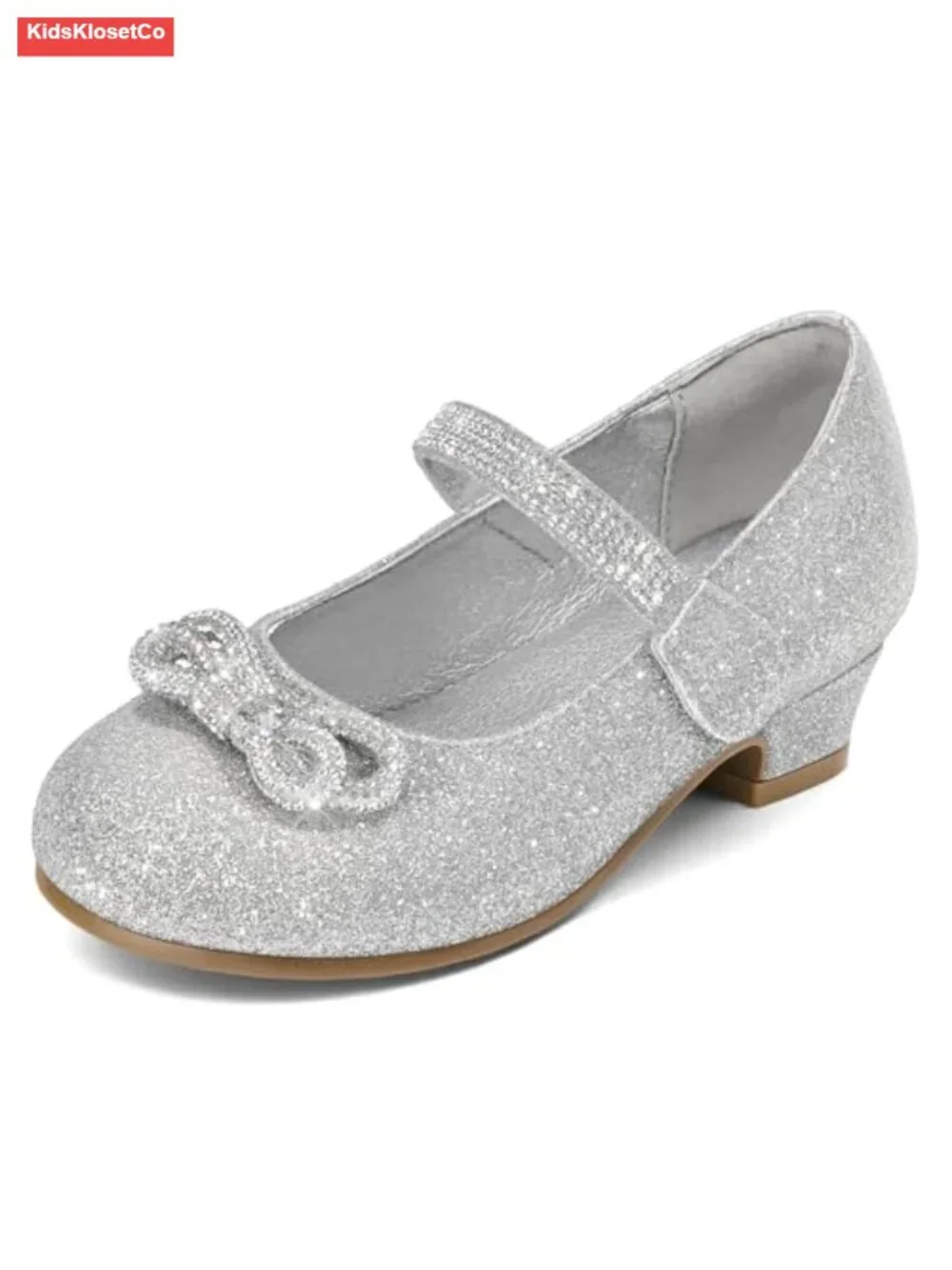 Girls Rhinestone Bow Mary Jane Pumps, 1in Heel Hook & Loop Closure, Wedding